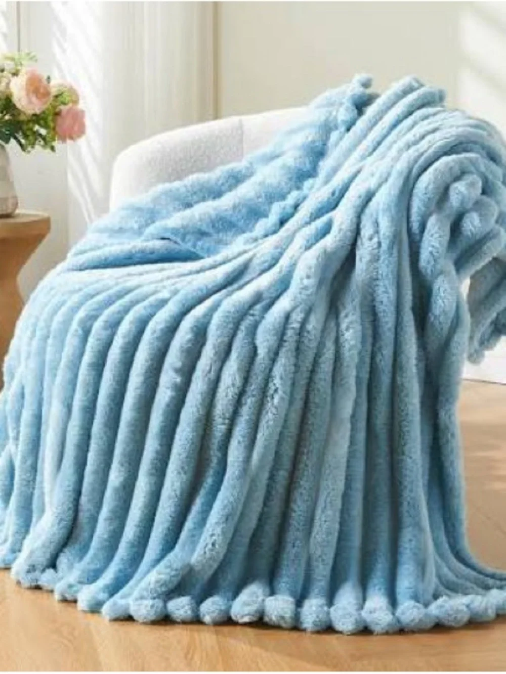 Plush Ribbed Throw Blanket - Light Blue